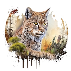 May include: A watercolor painting of a lynx with brown and tan fur, set against a background of a forest scene with trees and foliage. The lynx is looking directly at the viewer with green eyes.