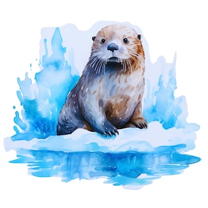 May include: A watercolor painting of a brown and gray sea otter sitting on a small ice floe. The otter is surrounded by blue watercolor washes, suggesting water.