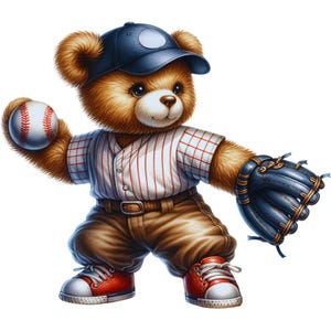 May include: A brown teddy bear wearing a navy blue baseball cap, a white pinstriped baseball jersey, and brown pants. The bear wears red sneakers with white laces and toes, holds a white baseball with red stitching, and wears a navy blue glove.