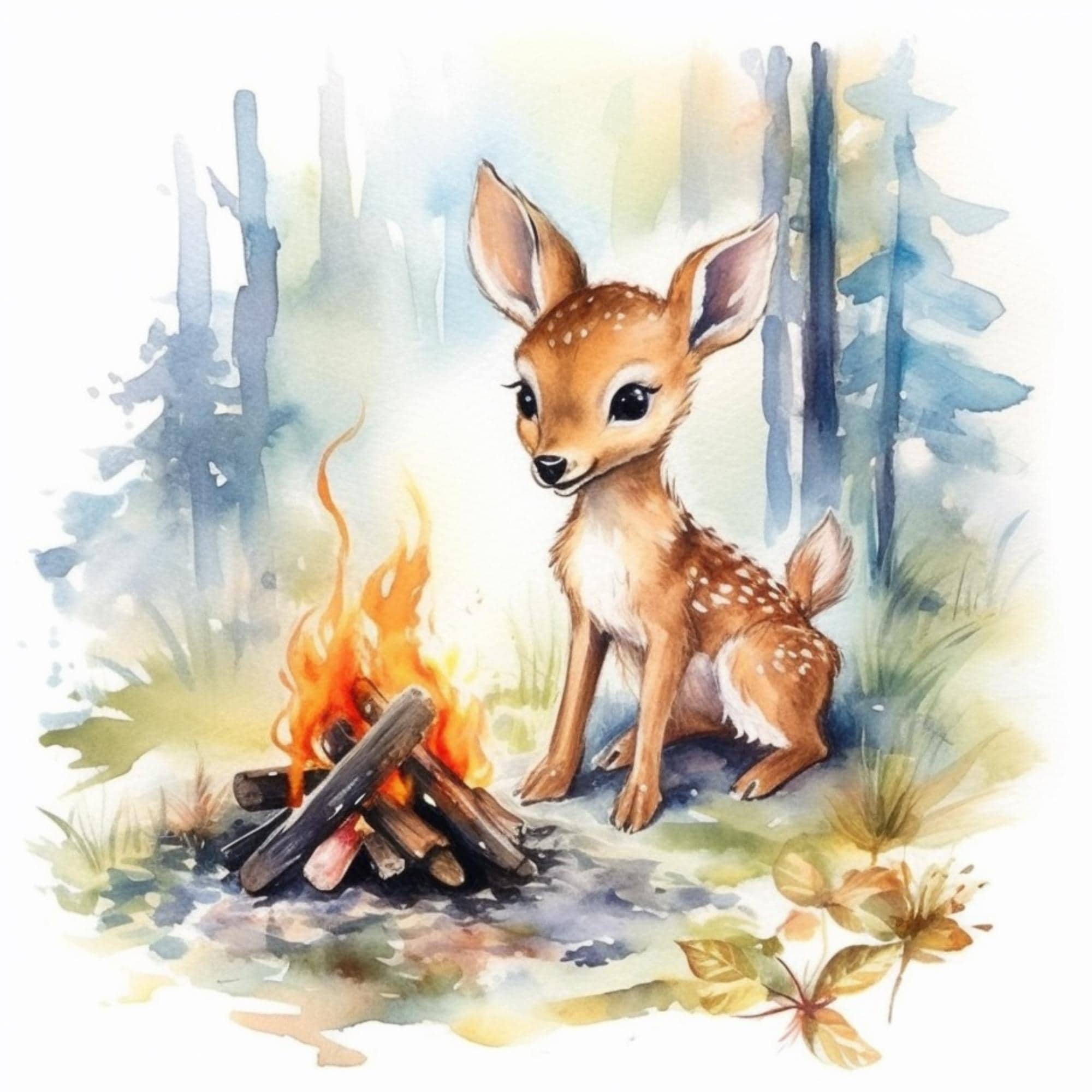 Woodland Deer Campfire- Fabric Panel Square ~4"x4",5x5, 6x6, 8x8, 10x10, 12x12, 14x14 inch fabric panel for sewing projects