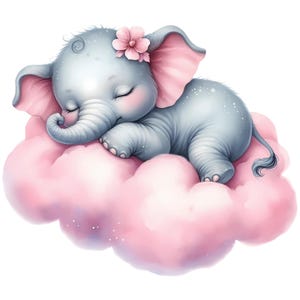 May include: A cute gray elephant with pink ears and a pink flower on its head is sleeping on a pink cloud.