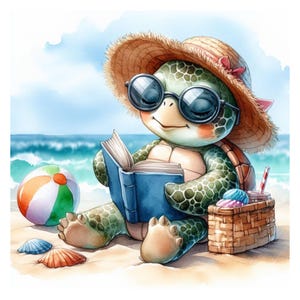 May include: A cartoon turtle wearing sunglasses and a straw hat is sitting on a beach reading a book. The turtle is holding the book with its flippers and has a relaxed expression on its face. There is a beach ball and seashells on the sand.