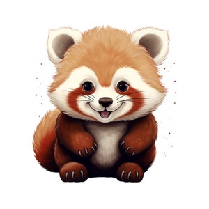 May include: A digital illustration of a small red panda with fluffy orange and white fur, large dark eyes, a black nose, and a smiling mouth. The creature has dark brown limbs and paws with visible claws, sitting upright against a plain white background.