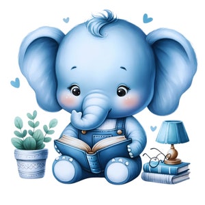 Elephant Reading- Fabric Panel Square ~4,5, 6, 8, 10, 12,14, inch for sewing projects