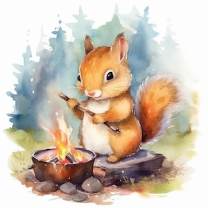 May include: A watercolor illustration of a cute squirrel sitting by a campfire. The squirrel is holding a stick and is looking at the fire. The fire is in a small metal pot and there are rocks around it.