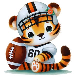 May include: A cute cartoon tiger cub wearing a white football helmet with orange stripes and a black facemask. The tiger is also wearing a white jersey with the number 60. It holds a brown football with white laces.