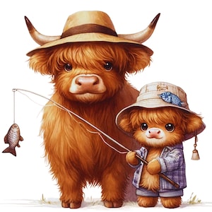 May include: A large, shaggy, ginger-colored Highland cow wearing a wide-brimmed hat stands beside a smaller, fluffy Highland calf. The calf wears a plaid shirt and a bucket hat with a fish patch, holding a fishing rod with a small fish attached.