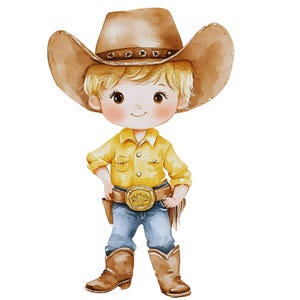 May include: Watercolor illustration of a young child dressed as a cowboy. The child wears a brown cowboy hat, a yellow button-down shirt, blue jeans, a brown belt with a gold buckle, and brown cowboy boots. The image has a soft, artistic style.