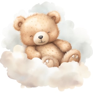 May include: A brown teddy bear with a happy expression is sleeping on a fluffy white cloud. The bear has a light brown nose and small, closed eyes.