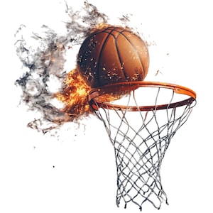 May include: A basketball on fire going through a basketball hoop. The basketball is orange and brown with black lines. The hoop is orange and brown with a black net.