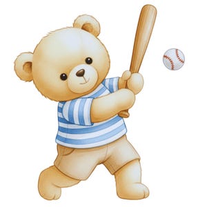 May include: A cartoon illustration of a teddy bear playing baseball. The bear wears a blue and white striped shirt and tan shorts. It swings a wooden bat at a baseball with red stitching.