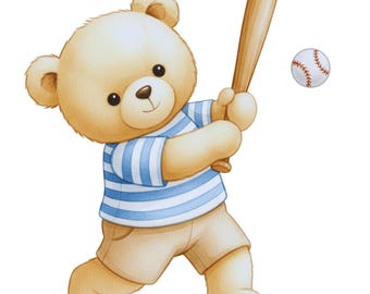 Bear Baseball- Fabric Panel Square ~4"x4",5x5,6x6,8x8,10x10,12x12,14x14 inch for sewing projects