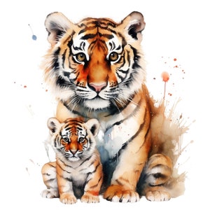 May include: A watercolor painting of a mother tiger and her cub. The mother tiger is sitting with her paws crossed, looking at the viewer. The cub is sitting in front of her, looking up at her. The painting is done in shades of orange, brown, and white, with splashes of blue and red.