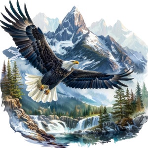 May include: A bald eagle with dark brown feathers, a white head, and a white tail flying with wings spread wide. The background features snow-capped mountain peaks, a dense evergreen forest, and a cascading waterfall flowing into a river.