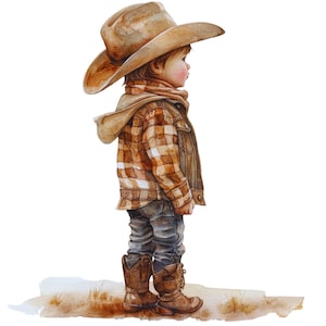 May include: Watercolor illustration of a child dressed in a cowboy outfit. The child wears a brown cowboy hat, a plaid shirt, a brown jacket, blue jeans, and brown cowboy boots. The artwork has a soft, rustic aesthetic.