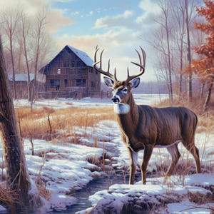 May include: A majestic buck with large antlers stands in a snowy landscape. A rustic wooden barn and leafless trees are in the background. A small stream flows through the snow-covered ground under a partly cloudy sky.