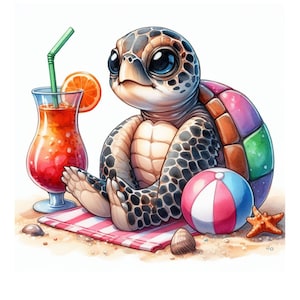 May include: A cartoon sea turtle with a colorful shell sits on a beach towel with a beach ball, a starfish, and a glass of orange juice.