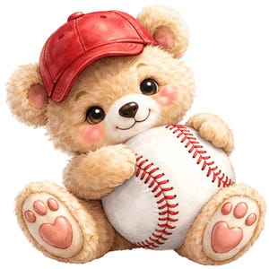 May include: A fluffy light brown teddy bear with rosy cheeks wearing a bright red baseball cap. The bear is sitting down and holding a white baseball with prominent red stitching in its paws. The bear has dark eyes and a small black nose.