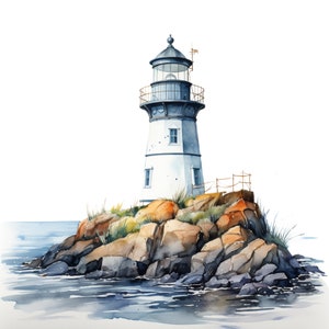 May include: A white and blue lighthouse with a black roof stands on a rocky outcropping. The lighthouse is surrounded by brown and gray rocks and green grass. The water is blue and calm.