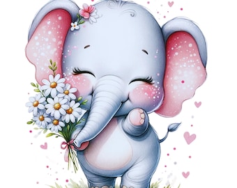 May include: A cartoon illustration of a light blue baby elephant with large pink-spotted ears, holding a bouquet of white daisies with yellow centers. The elephant has closed eyes, rosy cheeks, and is surrounded by small pink hearts and dots.