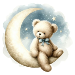 May include: A plush brown teddy bear with a blue bow sits on a crescent moon against a watercolor background of blue and white clouds with stars.