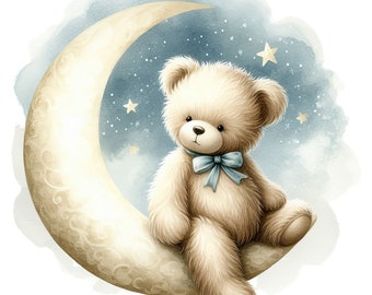 Bear on the Moon- Fabric Panel Square ~4&quot;x4&quot;, 5x5, 6x6, 8x8, 10x10, 12x12, 14x14, inch fabric panel for sewing projects