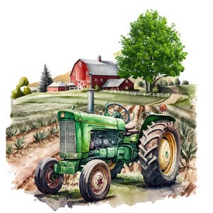 May include: A watercolor illustration of a green tractor positioned in a plowed field. In the background, a red barn with a white roof stands near a large green tree and a white fence, set against a landscape of rolling hills and dirt paths.