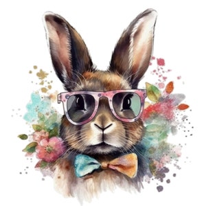 May include: A watercolor painting of a brown rabbit wearing pink sunglasses with white polka dots and a blue and orange bow tie. The rabbit is surrounded by colorful flowers and watercolor splatters.