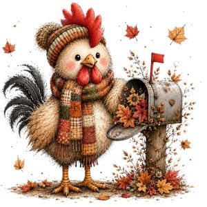 May include: A fluffy rooster wearing a knit beanie and a patchwork scarf stands beside a metal mailbox filled with autumn leaves. The rooster has black tail feathers, a red comb, and orange feet. Red and orange maple leaves float in the air.