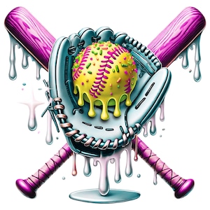 May include: A stylized illustration of a softball, glove, and crossed bats. The softball is yellow with pink stitching and dripping with a green substance. The bats and glove are pink and blue, with a dripping effect.