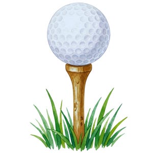 May include: A white golf ball with a dimpled surface texture resting on a brown wooden golf tee. The tee is positioned upright, surrounded by a cluster of vibrant green grass blades at the base, rendered in a watercolor illustration style.