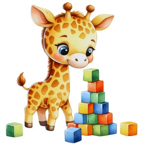 Giraffe With Blocks- Fabric Panel Square ~4,5, 6, 8, 10, 12, 14 inch for sewing projects