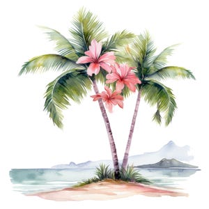 May include: Watercolor painting of two palm trees with pink flowers on a beach with a blue ocean and mountains in the background.