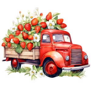 May include: A bright red vintage-style pickup truck with a wooden truck bed filled with a large harvest of ripe red strawberries, green leaves, and small white flowers. The truck features a front grille, round headlights, and a silver bumper.