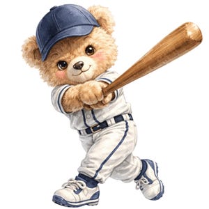 May include: A light brown teddy bear wearing a navy blue baseball cap and a white baseball uniform with navy blue trim. The bear is in a batting stance, holding a wooden baseball bat with both paws, and wearing white and navy blue sneakers.