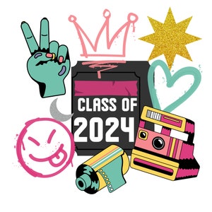 May include: A graphic design featuring a black rectangular sign with the text CLASS OF 2024, surrounded by a teal peace sign hand, a pink crown, a gold glitter star, a teal heart, a pink smiley face, a silver crescent moon, and a vintage camera.