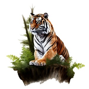 May include: A large orange and black tiger sits on a rock with green ferns and trees in the background.