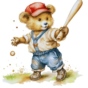 May include: Watercolor illustration of a teddy bear playing baseball. The bear wears a red cap, a cream-colored shirt, blue denim overalls, and brown boots. It holds a wooden bat and is about to hit a baseball. The background features green grass and brown paint splatters.