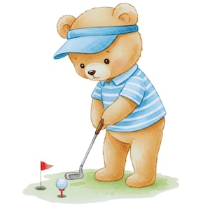 May include: A watercolor illustration of a teddy bear playing golf. The bear wears a blue visor and a blue and white striped polo shirt. The bear is swinging a golf club at a golf ball on a tee, with a red flag in the background.