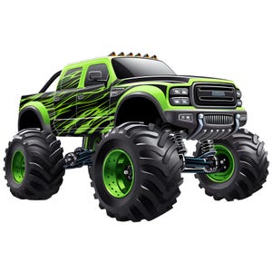 May include: A green and black monster truck illustration with large black tires and green rims. The truck has a black roof and a green and black flame design on the sides. The truck has a chrome grill and headlights.