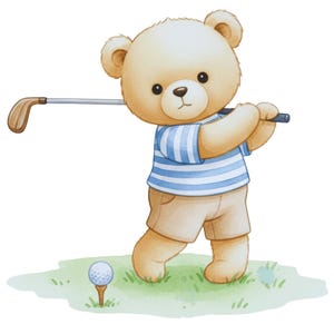 May include: Watercolor illustration of a teddy bear playing golf. The bear is wearing a blue and white striped shirt and khaki shorts. A golf ball sits on a tee in the green grass, and the bear is swinging a golf club.