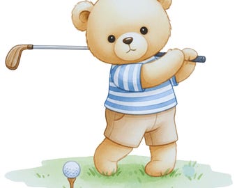 Bear Golf - Fabric Panel Square ~4"x4",5x5,6x6,8x8,10x10,12x12,14x14 inch for sewing projects
