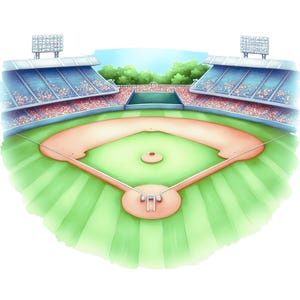 May include: An illustrated baseball field with a green outfield, a tan infield, and two grandstands filled with spectators. The sky is blue with a few trees in the background. The image is a watercolor style.