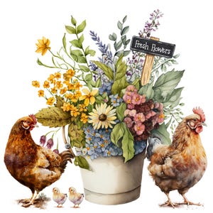 May include: A watercolor painting of a bouquet of fresh flowers in a white bucket with two brown chickens and three yellow chicks. The flowers are a mix of yellow, pink, blue, and purple. A chalkboard sign reads "Fresh Flowers".