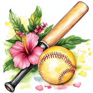 May include: Watercolor illustration of a baseball bat, baseball, and tropical flowers. The baseball is yellow with red stitching. The bat is light brown with a black handle. Pink hibiscus flowers and green leaves surround the baseball and bat.