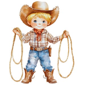 May include: Watercolor illustration of a young cowboy with blonde hair, blue eyes, and a friendly smile. He wears a brown cowboy hat, plaid shirt, jeans, boots, and a red neckerchief. He holds a rope in each hand, ready to rope.