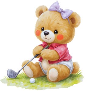 May include: A light brown teddy bear with rosy cheeks, wearing a pink collared shirt, white diaper, and a light purple bow on its head. The bear is sitting on green grass, holding a silver golf club with a small white golf ball placed in front.