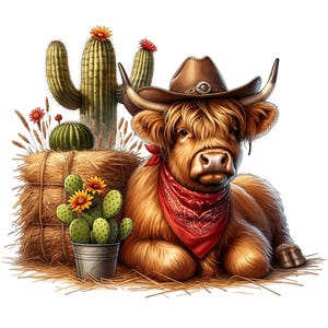 May include: A fluffy brown Highland cow wearing a brown cowboy hat and a red patterned bandana around its neck. The cow is lying down next to a square hay bale, a tall saguaro cactus, a round cactus, and a potted prickly pear cactus.