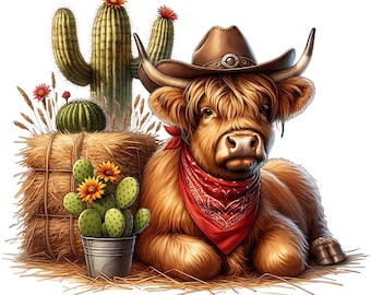 Highland Cow & Cactus - Fabric Panel Square ~ 4,5,6, 8, 10, 12, 14 inch fabric panel for sewing projects