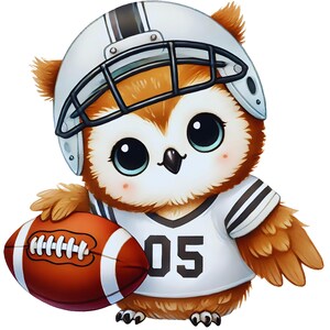 May include: A brown owl wearing a white football helmet with a black face mask and a white jersey with black stripes and the number 05 printed on the front. The owl is holding a brown and white American football under its right wing.